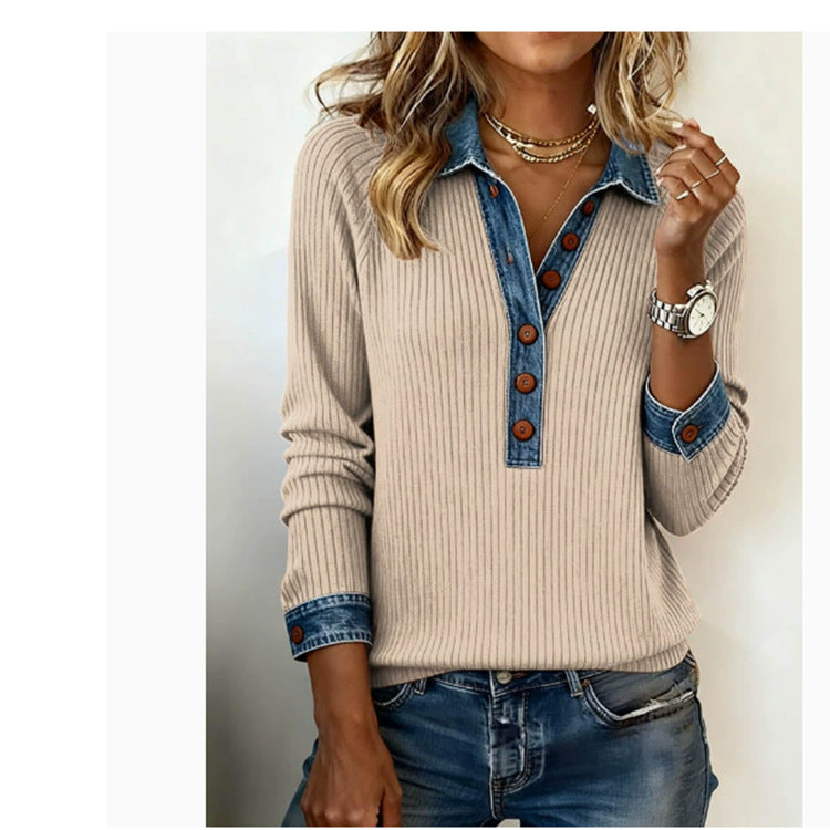 Damen Gerippter Pullover mit Jeanskragen und Knopfleiste Nord Taschen
