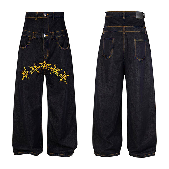 Damen Hochtaillierte weite Jeanshose mit dekorativer Sternstickerei Nord Taschen
