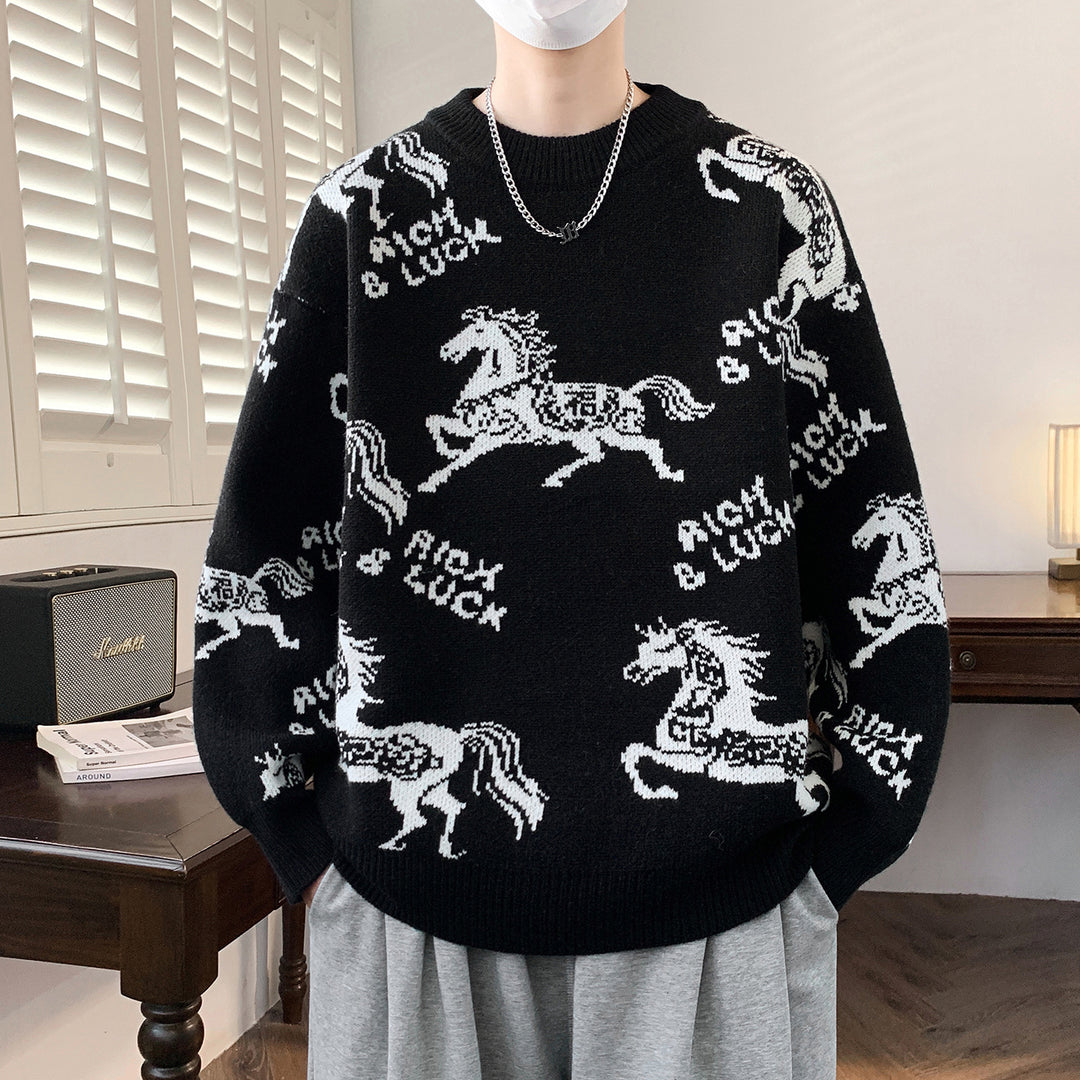Herren Verspielter Grobstrickpullover mit Pferdemotiv Nord Taschen