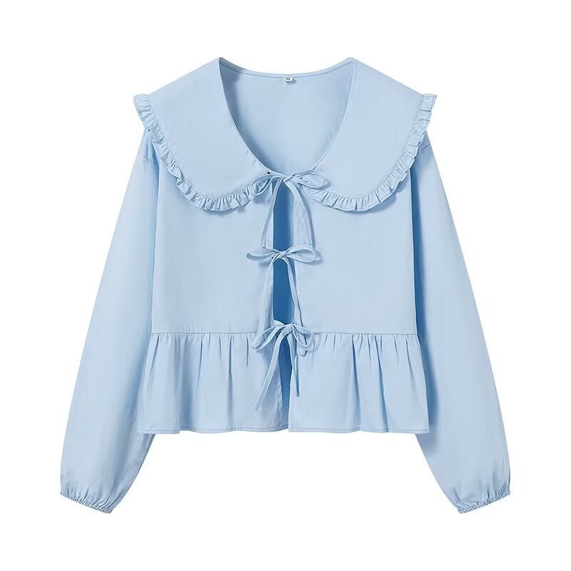 Damen Rüschige Cropped-Bluse mit übergroßem Kragen, Bindebändern und tailliertem Peplum Nord Taschen