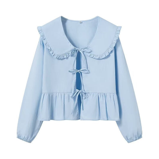 Damen Rüschige Cropped-Bluse mit übergroßem Kragen, Bindebändern und tailliertem Peplum Nord Taschen