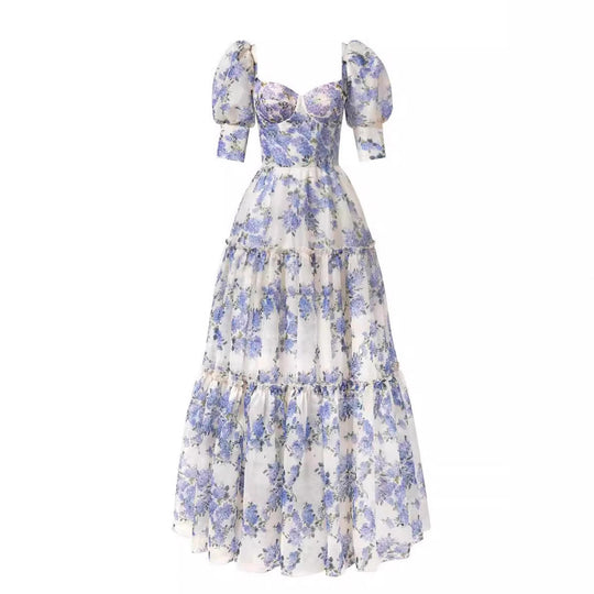 Damen Elegantes Maxikleid mit schulterfreien Rüschenärmeln und floralen Akzenten
