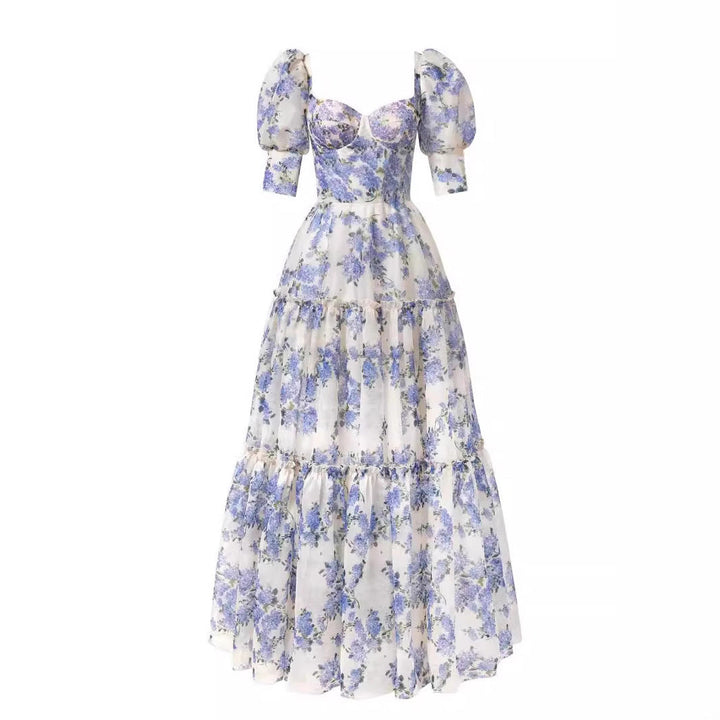 Damen Elegantes Maxikleid mit schulterfreien Rüschenärmeln und floralen Akzenten