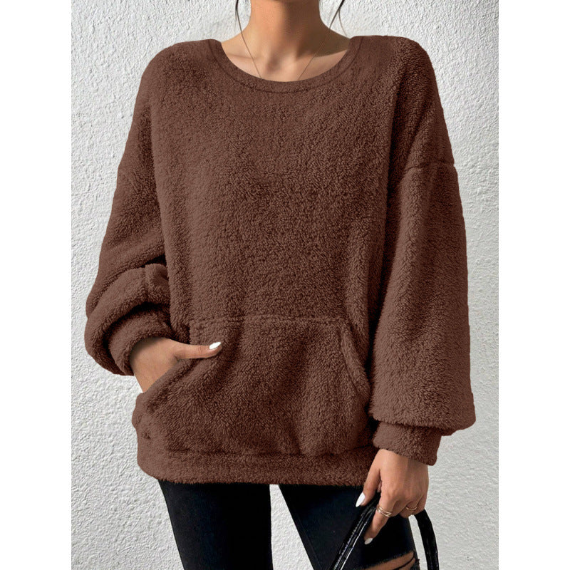 Damen Kuscheliger Oversize-Sherpa-Pullover mit Kängurutasche und Ballonärmeln Nord Taschen
