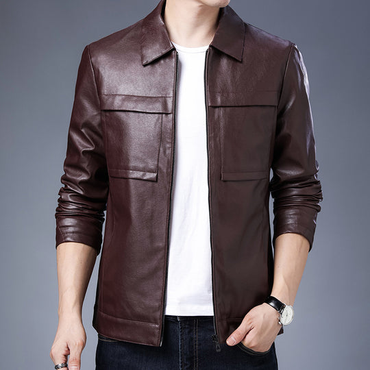 Herren Slim‑Fit Lederoptik-Truckerjacke mit Hemdkragen, verdecktem Reißverschluss und Pattentaschen Nord Taschen