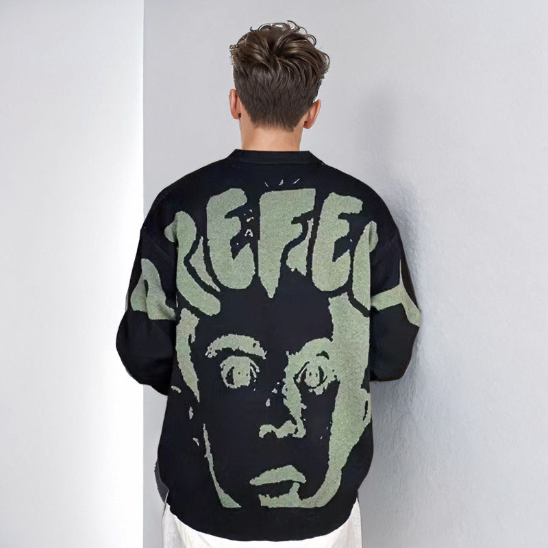 Herren Oversized Grafik‑Intarsienpullover mit tiefem Rückmotiv und Rundhalsausschnitt Nord Taschen