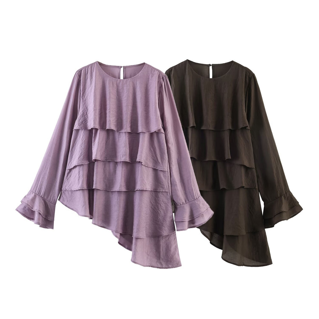 Damen Gestufte Rüschenbluse mit Glockenärmeln und asymmetrischem Saum Nord Taschen