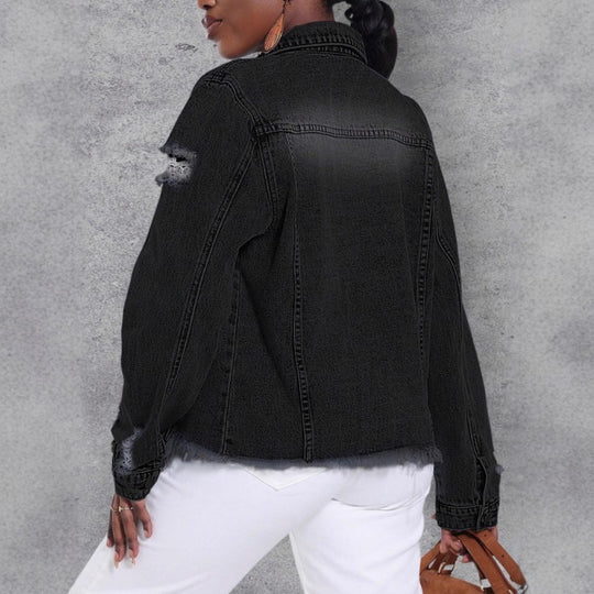 Damen Distressed Denimjacke mit ausgefranstem Saum und Relaxed-Fit Nord Taschen