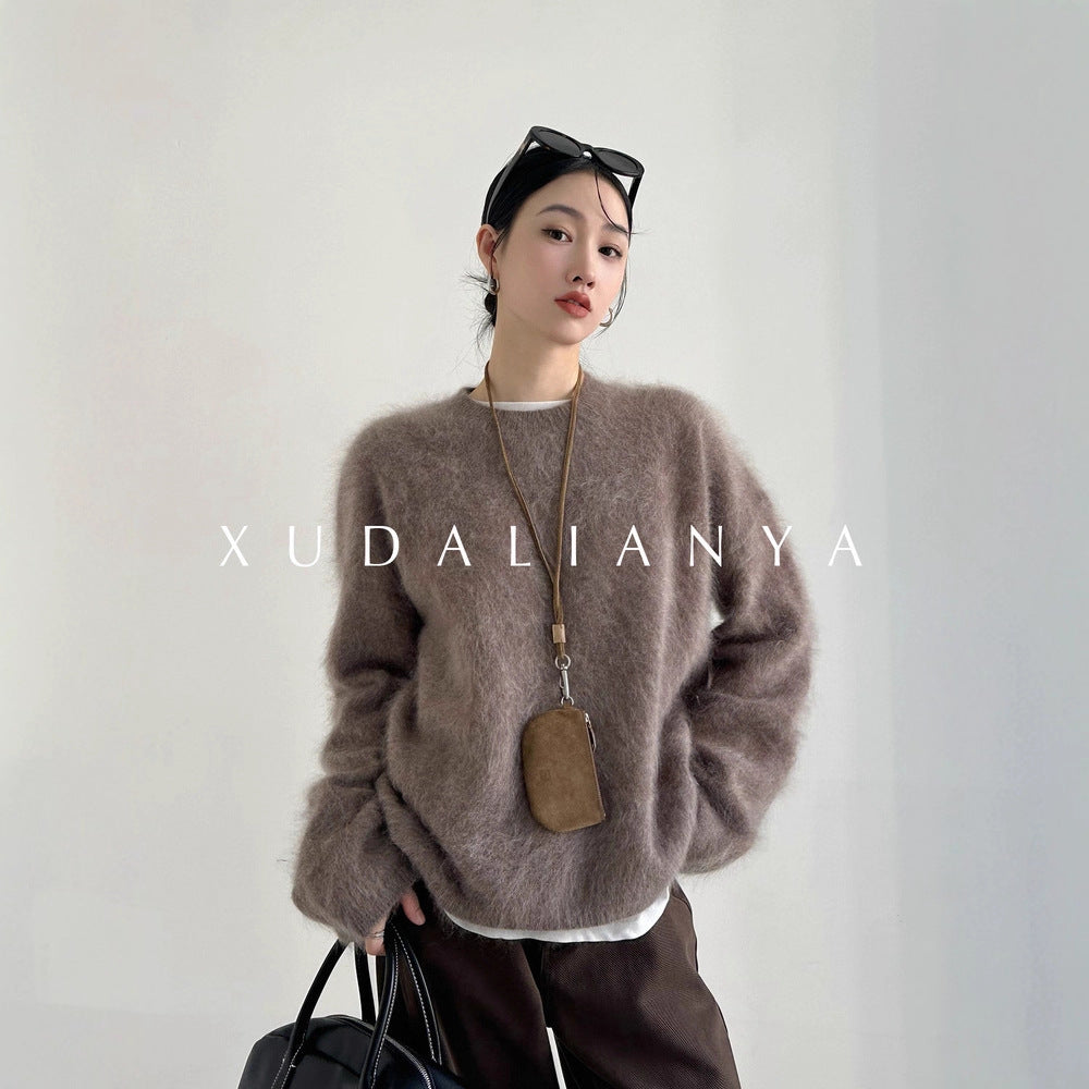 Damen weicher Mohair-Pullover mit Rundhals und Oversize-Schnitt Nord Taschen