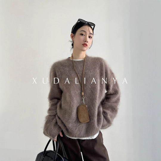 Damen weicher Mohair-Pullover mit Rundhals und Oversize-Schnitt Nord Taschen
