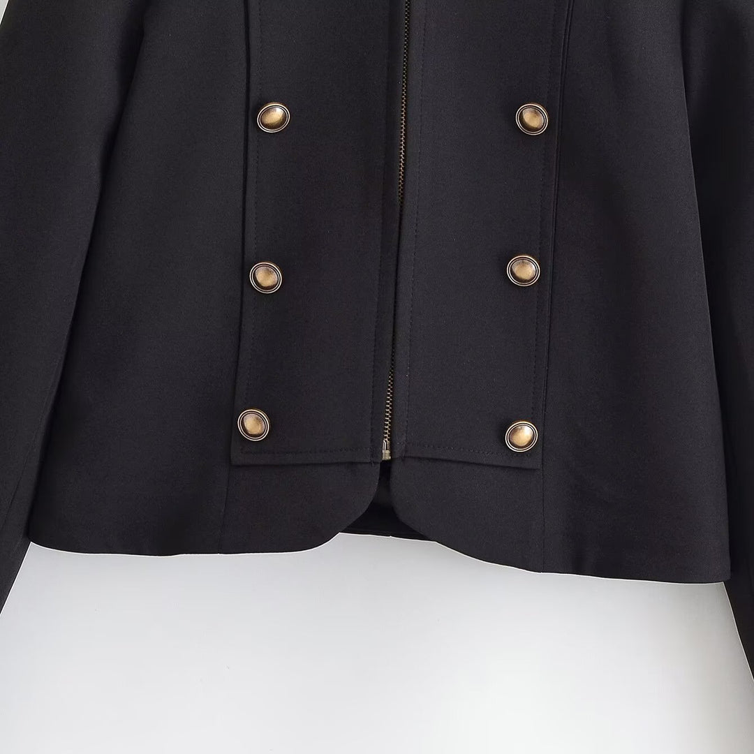 Damen Kurzblazer im Military-Look mit Stehkragen, Zierknopfreihe und Reißverschluss Nord Taschen