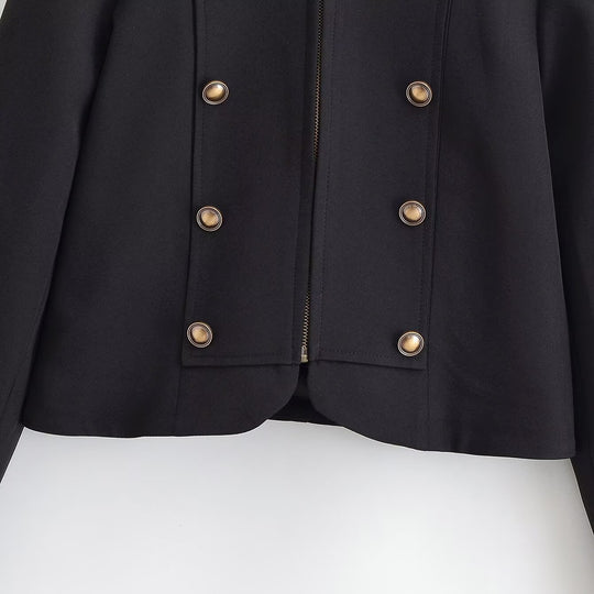 Damen Kurzblazer im Military-Look mit Stehkragen, Zierknopfreihe und Reißverschluss Nord Taschen