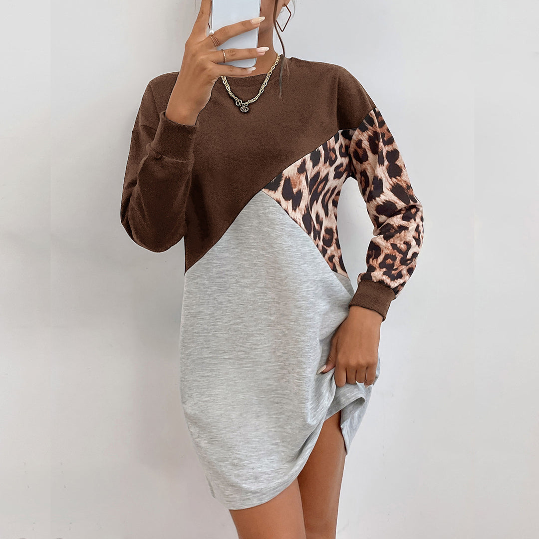 Damen Oversize-Sweatkleid mit Colorblock-Design und Leopardenärmeln Nord Taschen