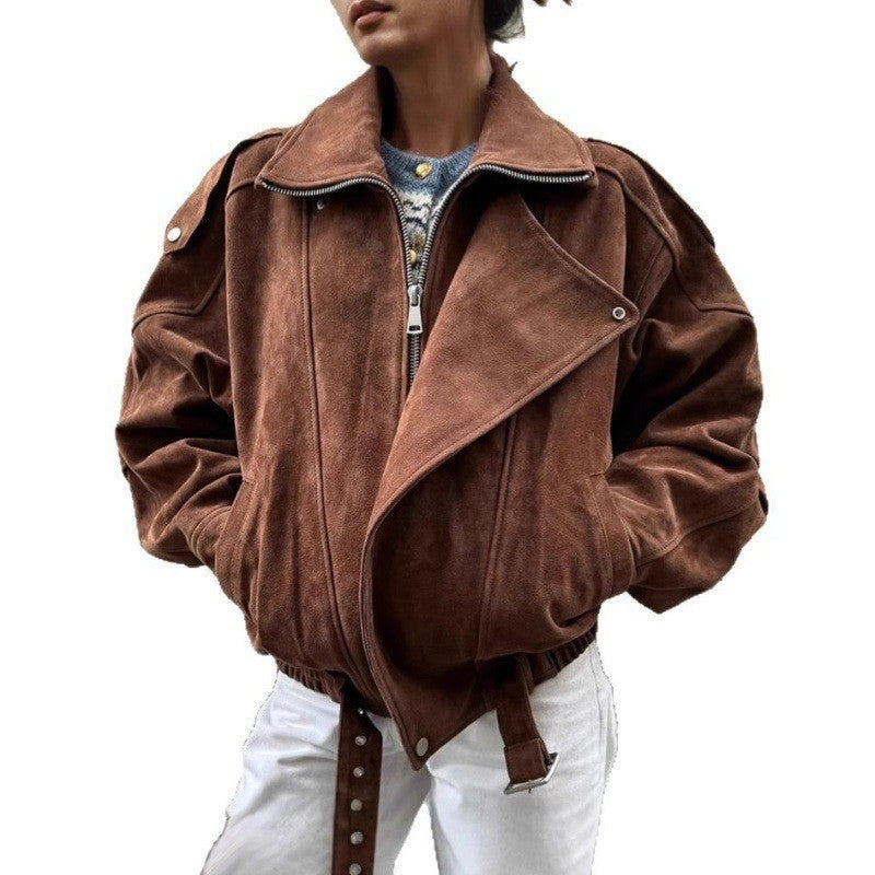 Damen Oversized Veloursleder-Blouson mit asymmetrischem Reißverschluss und Taillengürtel Nord Taschen
