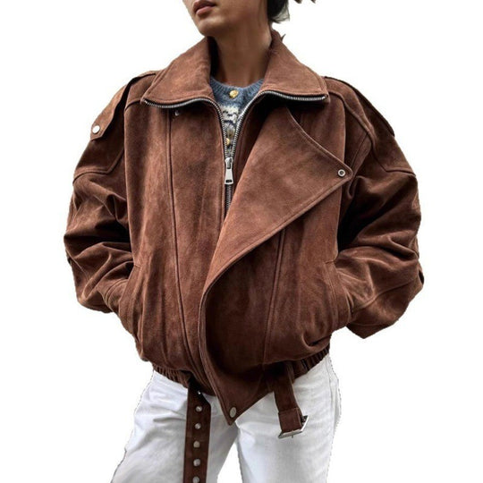 Damen Oversized Veloursleder-Blouson mit asymmetrischem Reißverschluss und Taillengürtel Nord Taschen