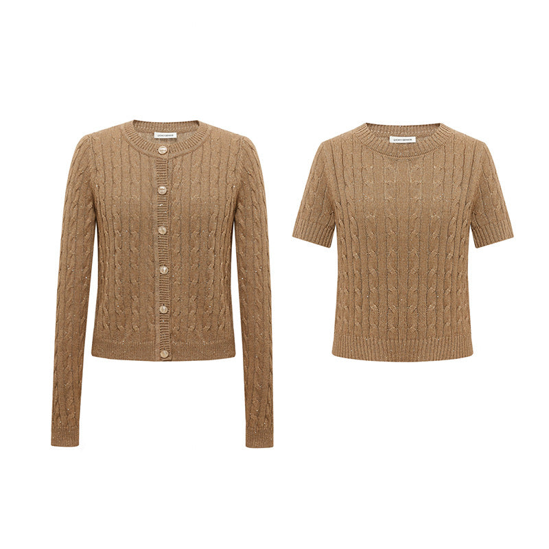Damen Kurzgeschnittenes Zopfmuster-Feinstrickshirt mit halblangen Ärmeln Nord Taschen
