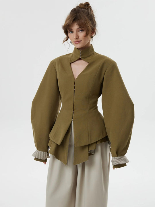 Damen taillierte Jacke mit Stehkragen, Cut-Out und Ballonärmeln Nord Taschen