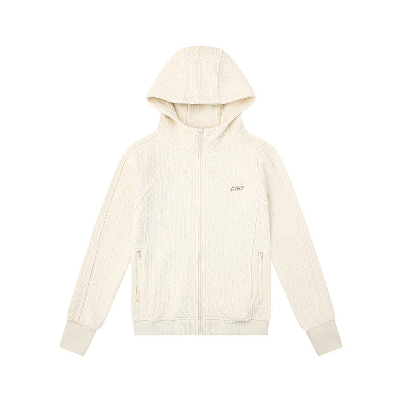 Damen Kapuzen-Strickjacke mit Zopfmuster, durchgehendem Reißverschluss und Eingrifftaschen Nord Taschen