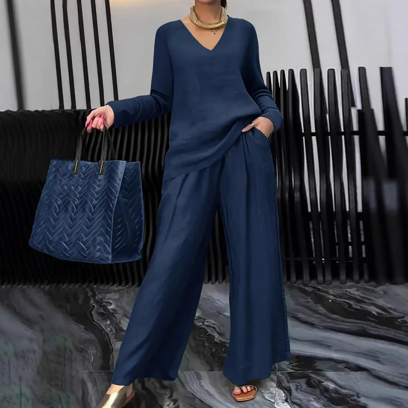 Damen Feiner V-Ausschnitt Strickpullover mit fließender Palazzo-Hose Nord Taschen