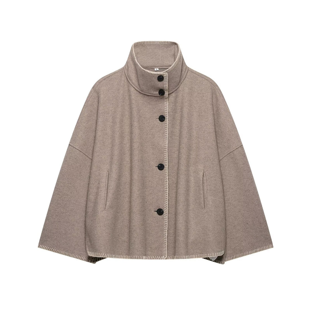 Damen Wollmix-Cape mit hohem Stehkragen, dekorativer Ziernaht und Knopfleiste Nord Taschen