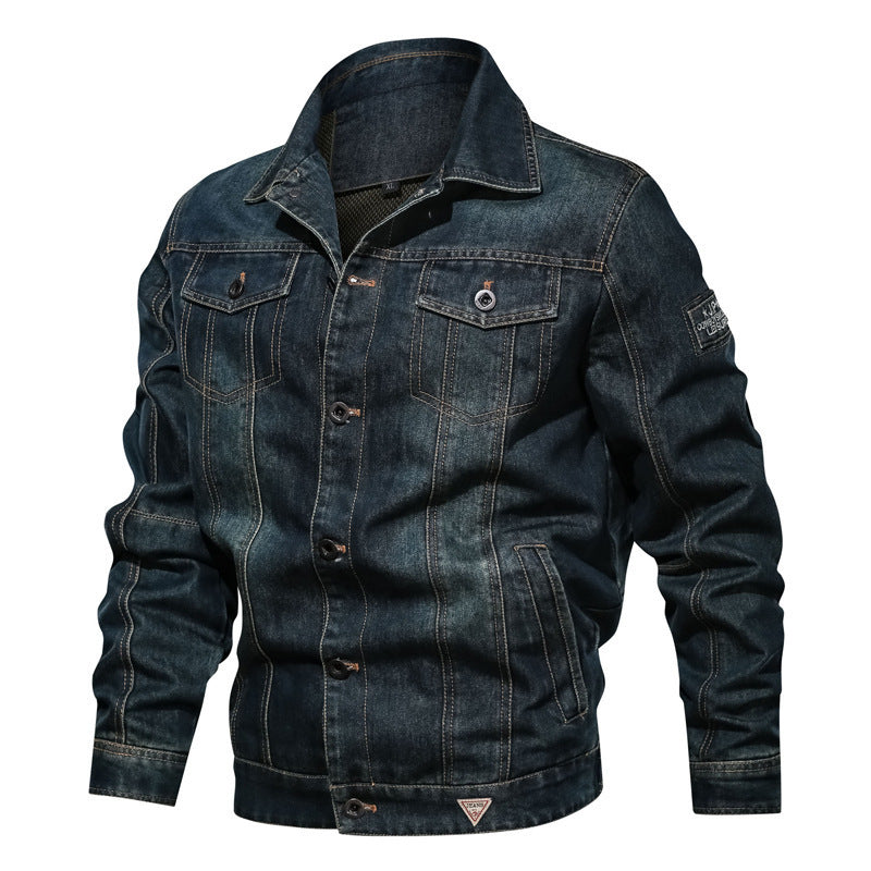 Herren Robuste Denim-Truckerjacke im Vintage-Washed-Look mit Kontraststeppungen Nord Taschen