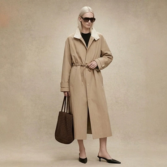 Damen Taillierter Mantel im Trenchcoat‑Stil mit Kordelzug‑Taille und Kontrastkragen Nord Taschen