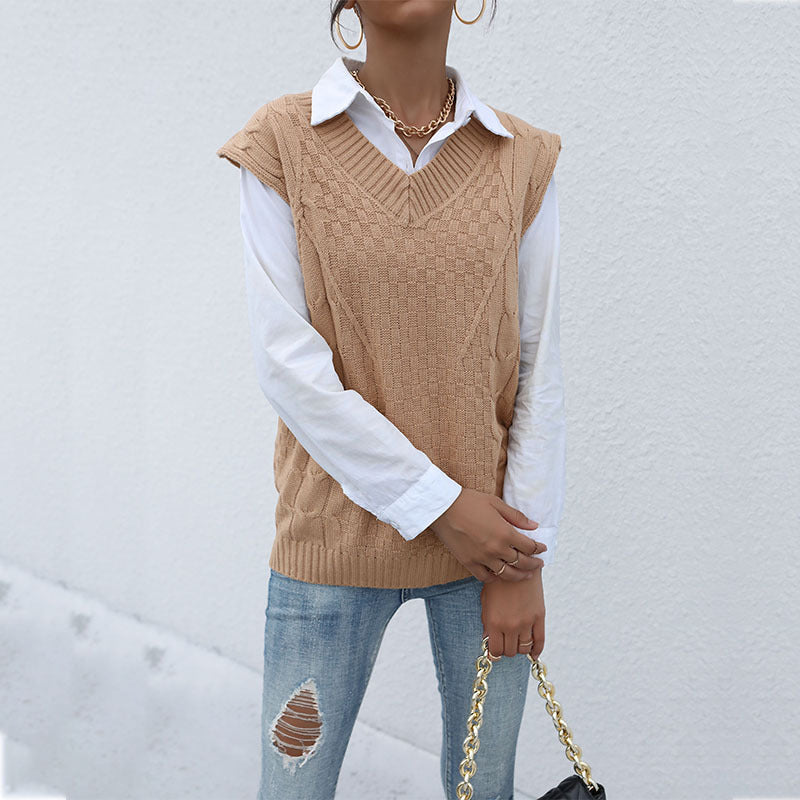 Damen Strick-Weste mit V‑Ausschnitt, Zopfmuster und lässiger Oversize-Silhouette Nord Taschen