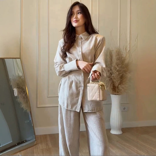 Damen Leichtes Leinen-Loungewear-Set mit Oversize-Hemd und weiter Bundhose Nord Taschen