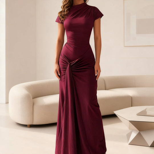 Damen Elegantes Langarm Maxi-Kleid mit Drapierung und figurformendem Schnitt