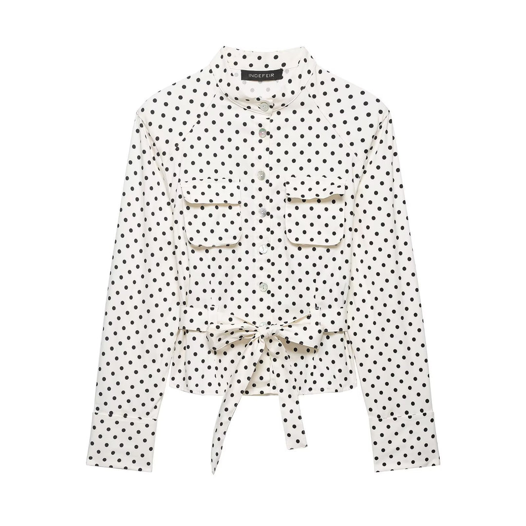 Damen Taillierte Blusenjacke mit Stehkragen, Bindegürtel und Punkteprint Nord Taschen