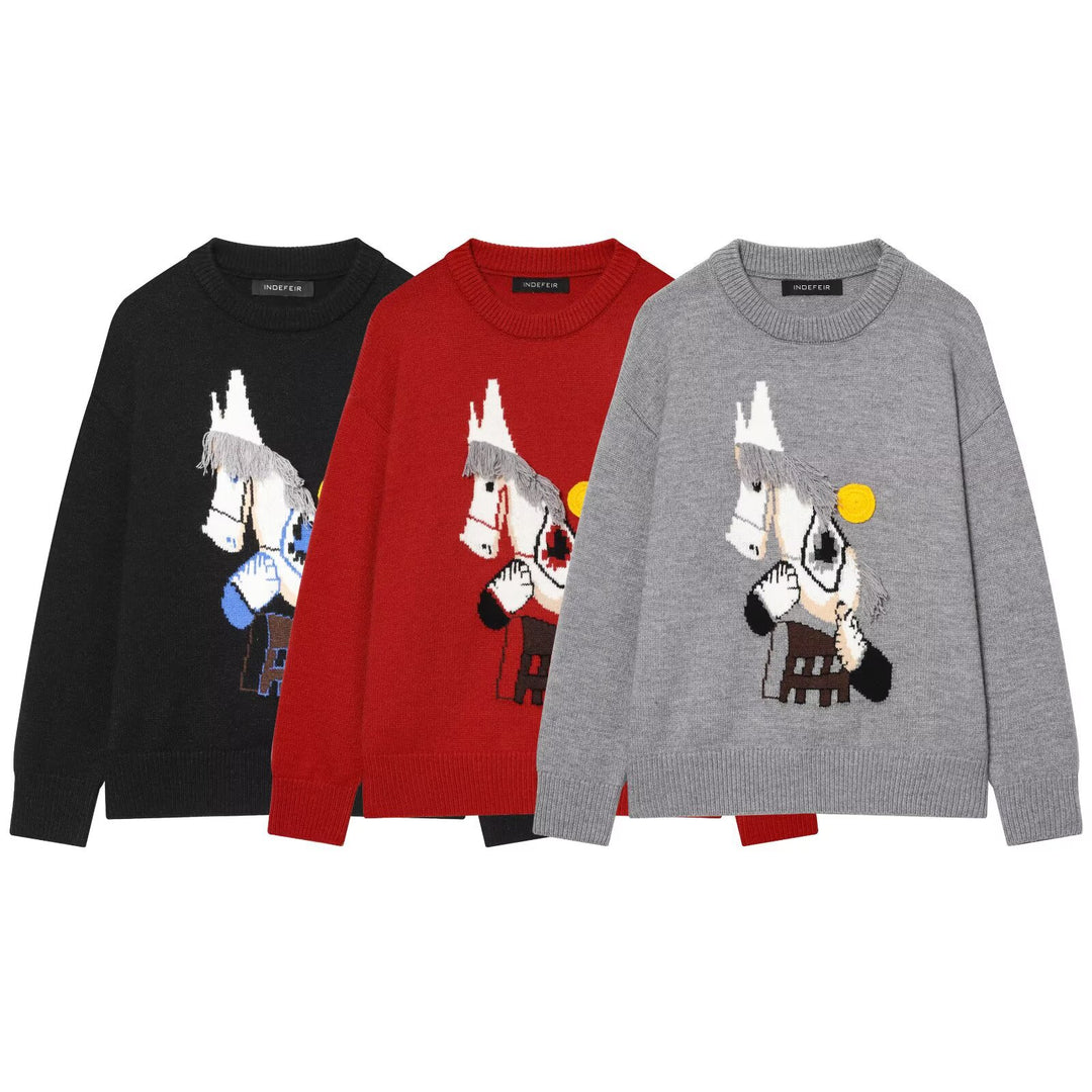 Damen Strickpullover mit Pferde-Motiv und Fransenapplikation, Oversize-Rundhals Nord Taschen