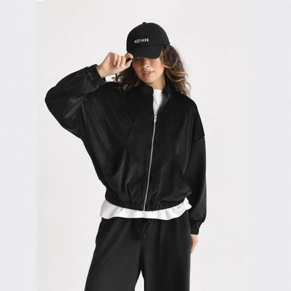 Damen ausgestelltes Velours-Jogginganzug-Set mit kurzer Reißverschlussjacke und hochtaillierter Kordelhose Nord Taschen
