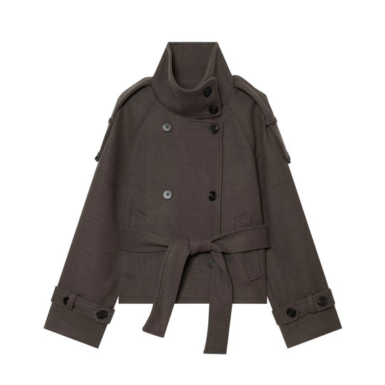 Damen Kurzer zweireihiger Cape-Mantel aus Wolle mit Stehkragen Schulterklappen und Bindegürtel Nord Taschen