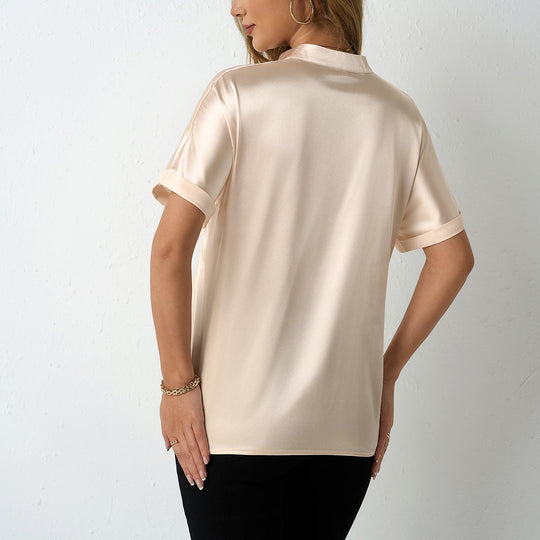 Damen elegante Satinbluse mit klassischem Kragen und umgeschlagenen Ärmeln