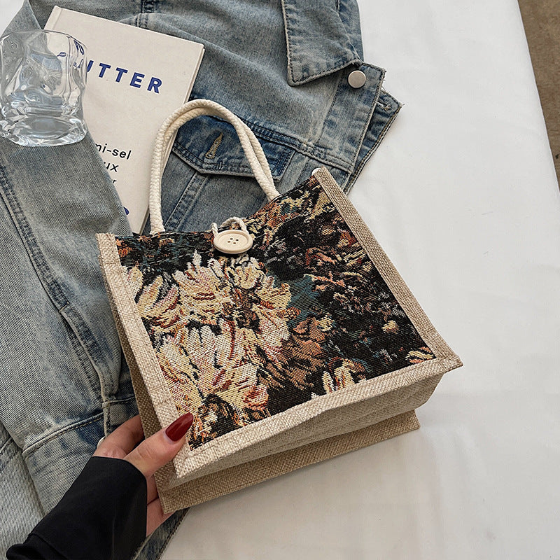 Damen Jute-Tragetasche mit kunstvollem floralem Stickdesign Nord Taschen