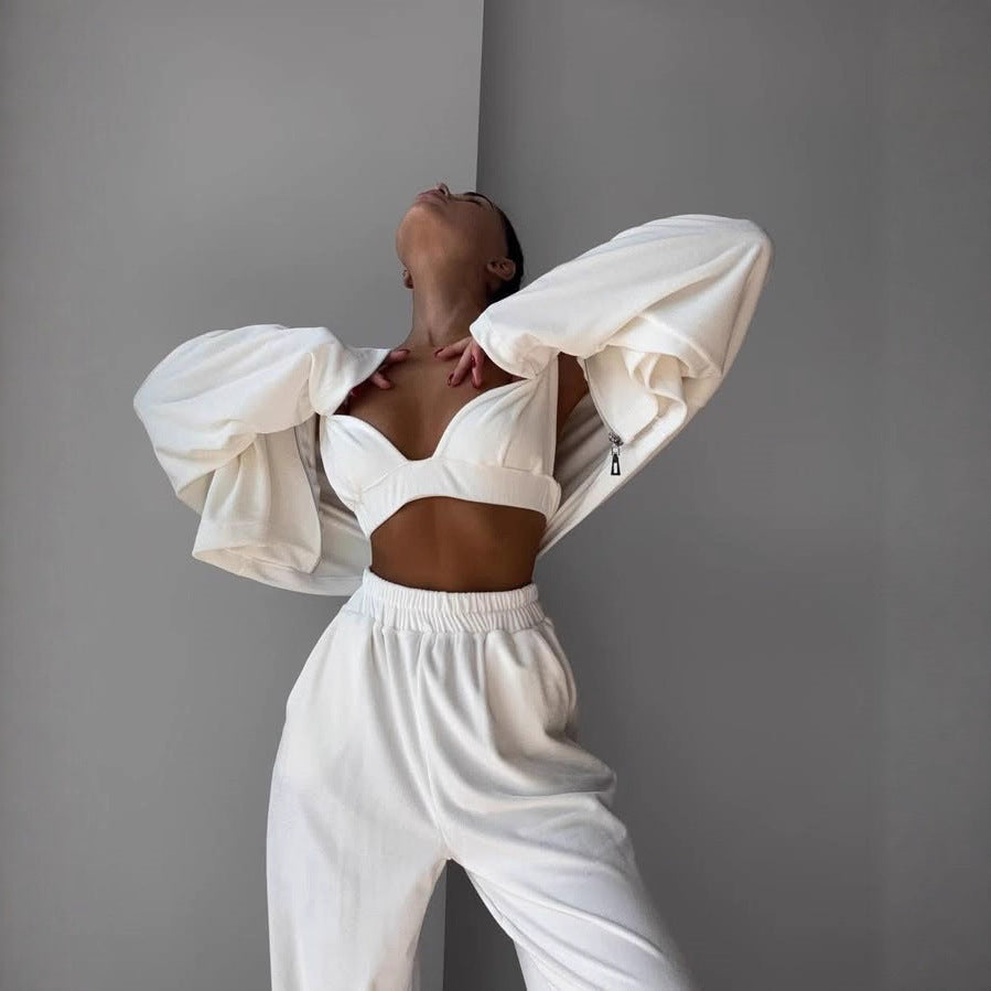 Damen kurzes Samt-Cropped-Zipshirt mit weitem High‑Waist Palazzo‑Hose Zweiteiler Nord Taschen