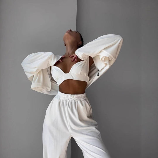 Damen kurzes Samt-Cropped-Zipshirt mit weitem High‑Waist Palazzo‑Hose Zweiteiler Nord Taschen