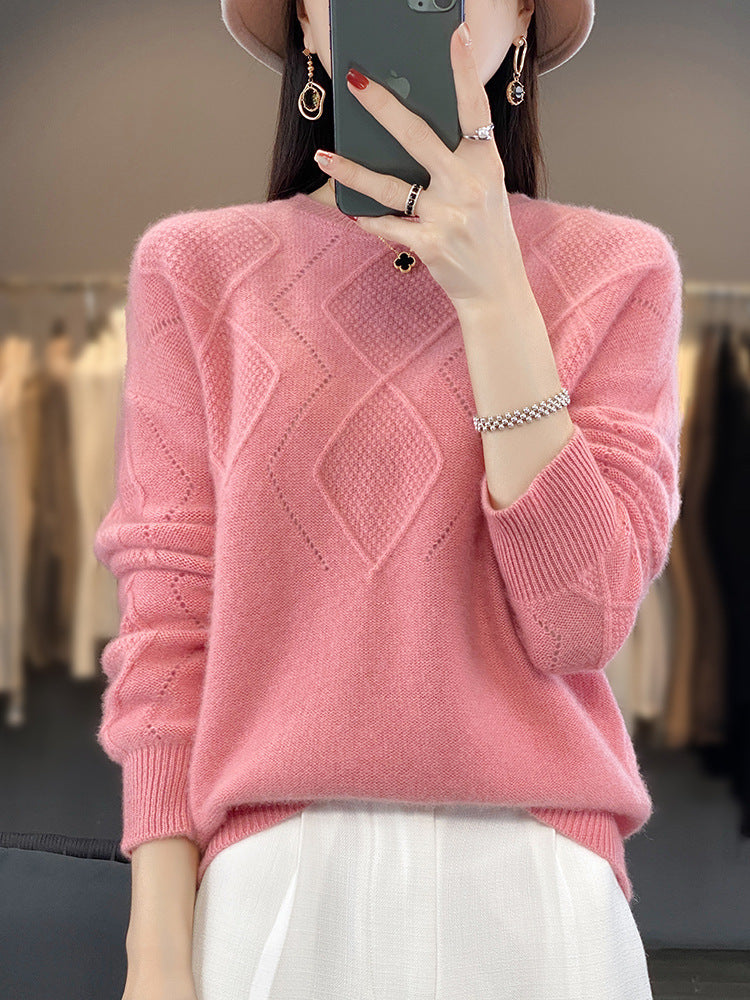 Damen Weicher Rautenmuster-Pullover im Mohair‑Look mit feiner Ajourstruktur und Rundhalsausschnitt Nord Taschen