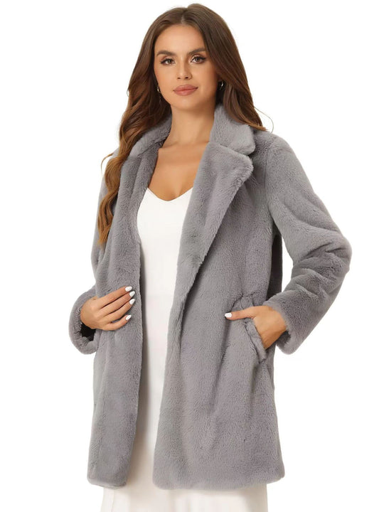 Damen Midilanger Kunstpelz‑Mantel mit softem Schalkragen und Eingrifftaschen Nord Taschen