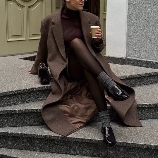 Damen Langer Wollmix-Mantel mit Reverskragen und Pattentaschen Nord Taschen