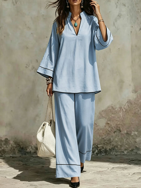 Damen Lässiges zweiteiliges Leinenoptik-Loungewear-Set mit Stehkragen, V-Ausschnitt und weitem Beinschnitt Nord Taschen