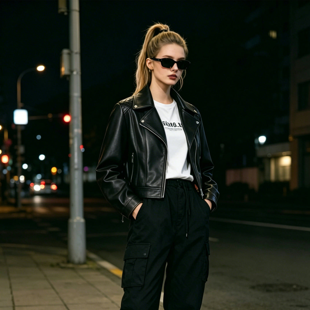 Damen Taillierte Leder-Bikerjacke mit asymmetrischem Reißverschluss Nord Taschen