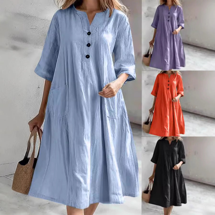 Damen lässiges Leinenkleid mit praktischen Taschen und Knopfdetails