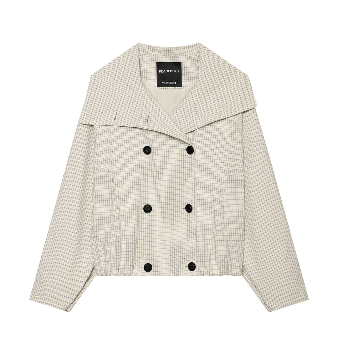 Damen Cropped Kurztrenchjacke mit weitem Schalkragen, Karo‑Gitterprint und elastischem Saum Nord Taschen