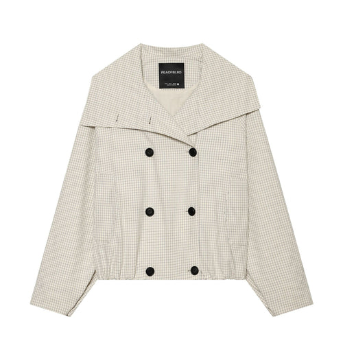 Damen Cropped Kurztrenchjacke mit weitem Schalkragen, Karo‑Gitterprint und elastischem Saum Nord Taschen