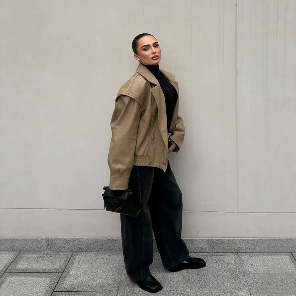Damen Oversize-Lederimitat-Bomberjacke mit Boxy-Schnitt und weitem Revers Nord Taschen