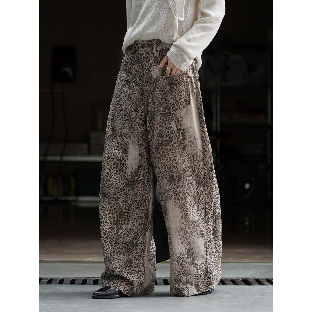 Damen Palazzo-Hose mit Leopardenmuster, hohem Bund und großen aufgesetzten Taschen Nord Taschen