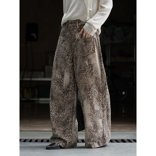 Damen Palazzo-Hose mit Leopardenmuster, hohem Bund und großen aufgesetzten Taschen Nord Taschen