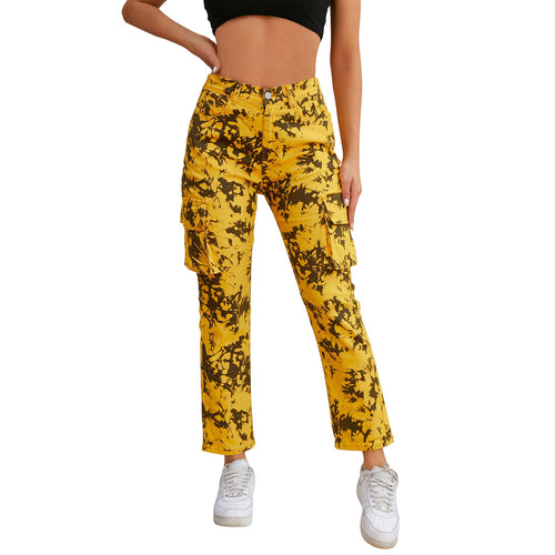 Damen Cargo-Hose mit Tie-Dye-Muster, hoher Bund und aufgesetzten Taschen Nord Taschen
