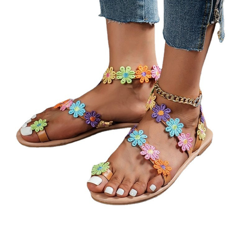 Damen Sommer Sandalen mit buntem Blüten-Design und rutschfester Sohle